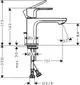 Einhebel-Waschtischmischer mit chromfarbener Oberfläche und Zugstangen-Ablaufgarnitur. Produkt von Hansgrohe mit mehreren Maßangaben für die Montage.